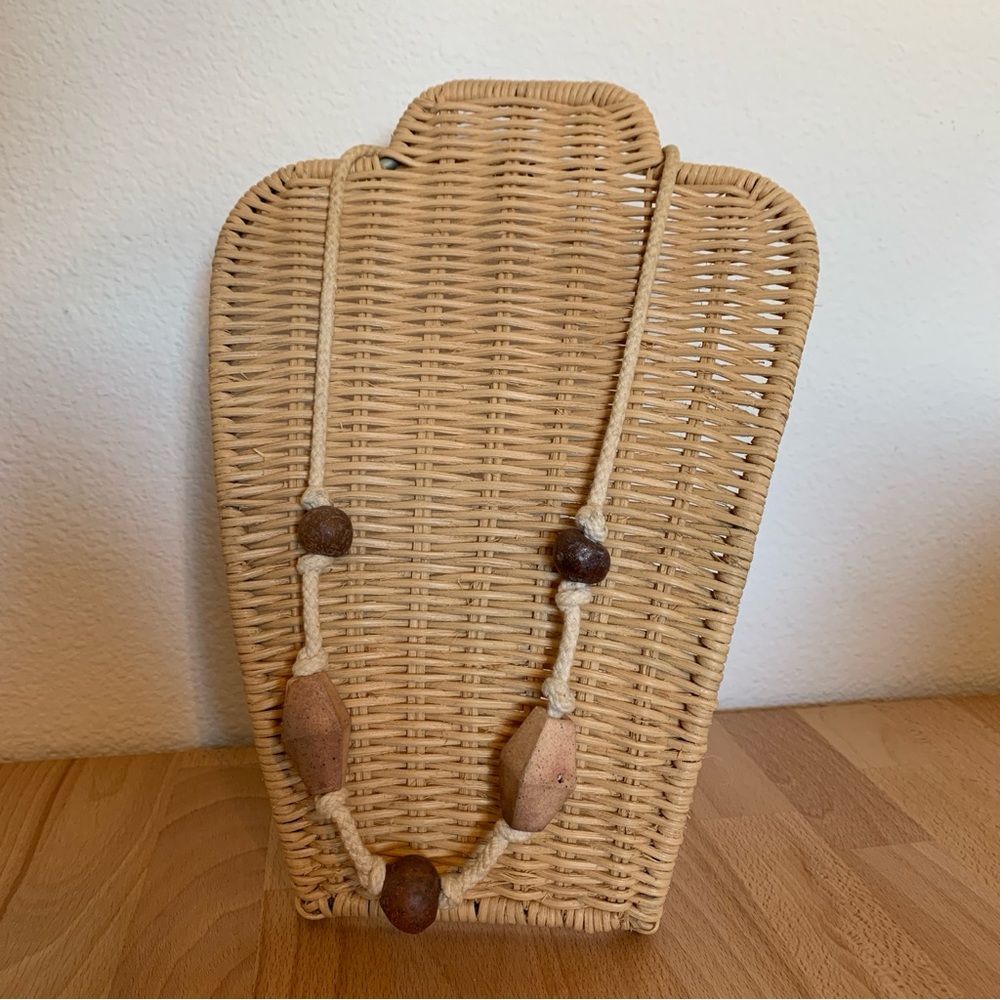 HANDMADE Boho bohemian folk artist neutral chunky ceramic bead on rope necklace